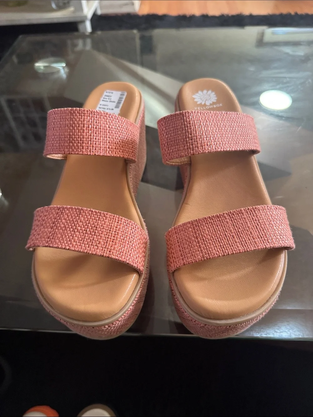 Yellow Box Coral Pink Woven Double-Strap Platform Slides